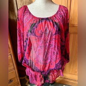 Inc International Concepts Sheer Vibrant Women's Red, Purple & Black Paisley Top